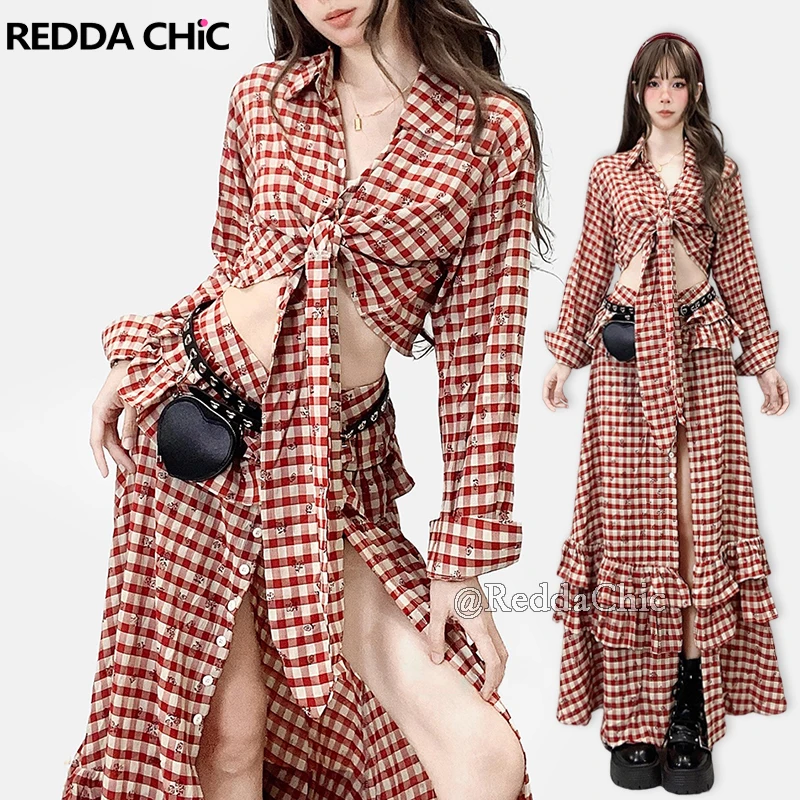 REDDACHiC Twist Front Shirt Skirt Matching Set Floral Plaid Crop Top Ruffled Button Down Slit Long Skirt Summer Festival Outfits
