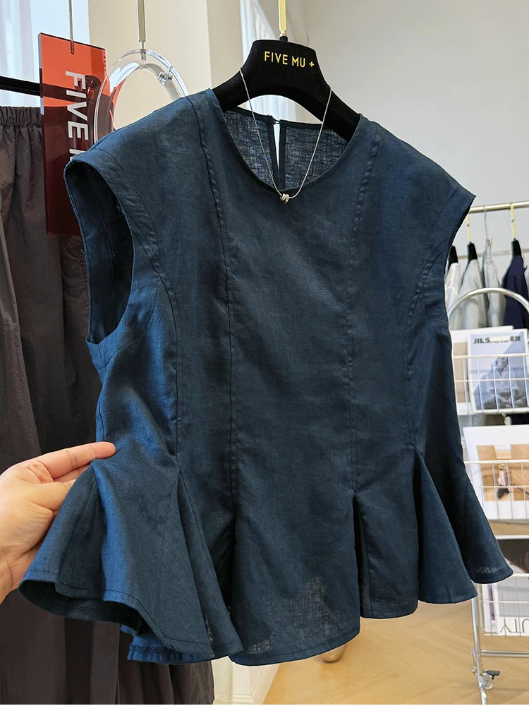 Colete anti-envelhecimento de algodão puro para mulheres em cor azul real verão high-end luxo algodão topo senhoras irt