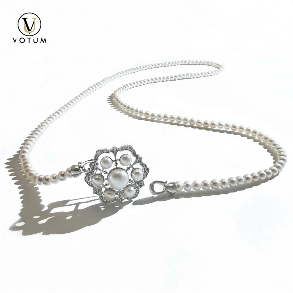 

Votum Sweater Chain Freshwater Pearl Necklace with 925 Silver Brooch Pin for Women June Birthstone Gift Lady Anniversary Jewelry