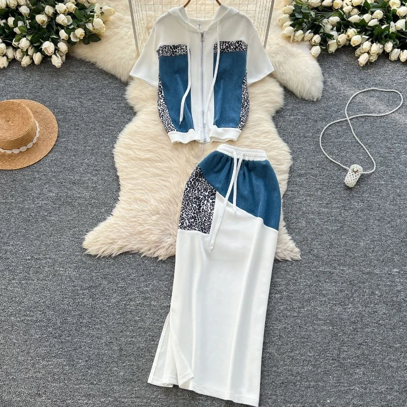 

Summer Women Leopard Print Patchwork Hooded Sweatshirt+skirt Two Piece Sets Short Sleeve Zipper Top Daily Versatile Denim Suit