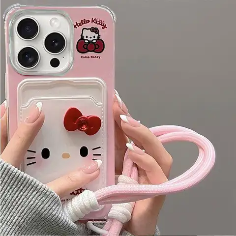 헬로 키티 지갑 카드 포켓 케이스 iPhone 16 15 14 13 12 11 Pro Max XS XR 7 8 Plus 커버 Sanrio Cute 3D