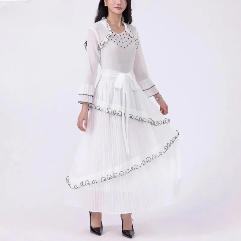 

Лето 2022, новое модное повседневное универсальное плиссированное платье Miyake, женское однотонное платье с круглым вырезом и рюшами на шнуровке с рукавами-фонариками