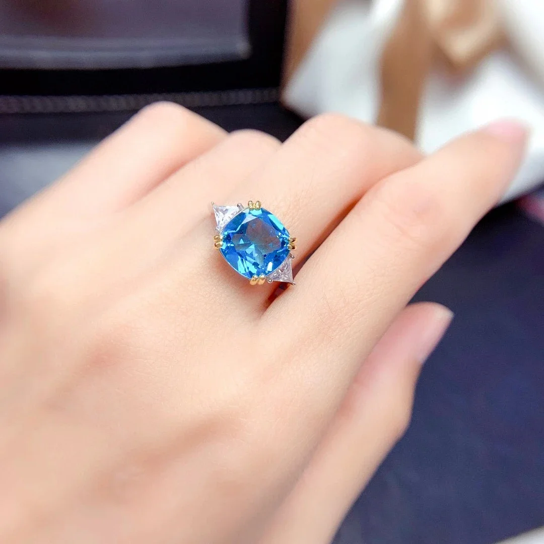 

Fashion Big Gemstone Silver Ring for Party 10mm Natural Topaz Ring 925 Silver Topaz Jewelry Gift for Woman