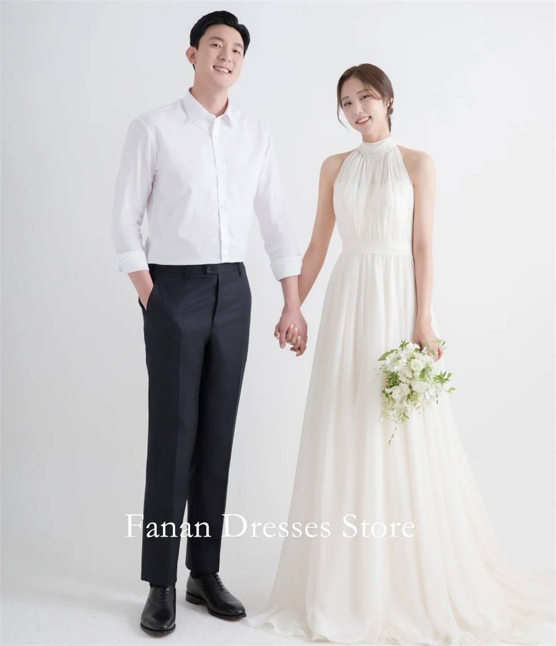 FANAN licou cou froncé élégant Simple robes de mariée a-ligne sans manches en mousseline de soie ivoire robes de mariée Garona ivoire Custo