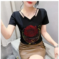 Korean Summer Clothes For Women Fashion Shiny Diamonds Flower T-Shirt Tops Female Sexy Elegant V-Collar Shirt Tees - Image 3