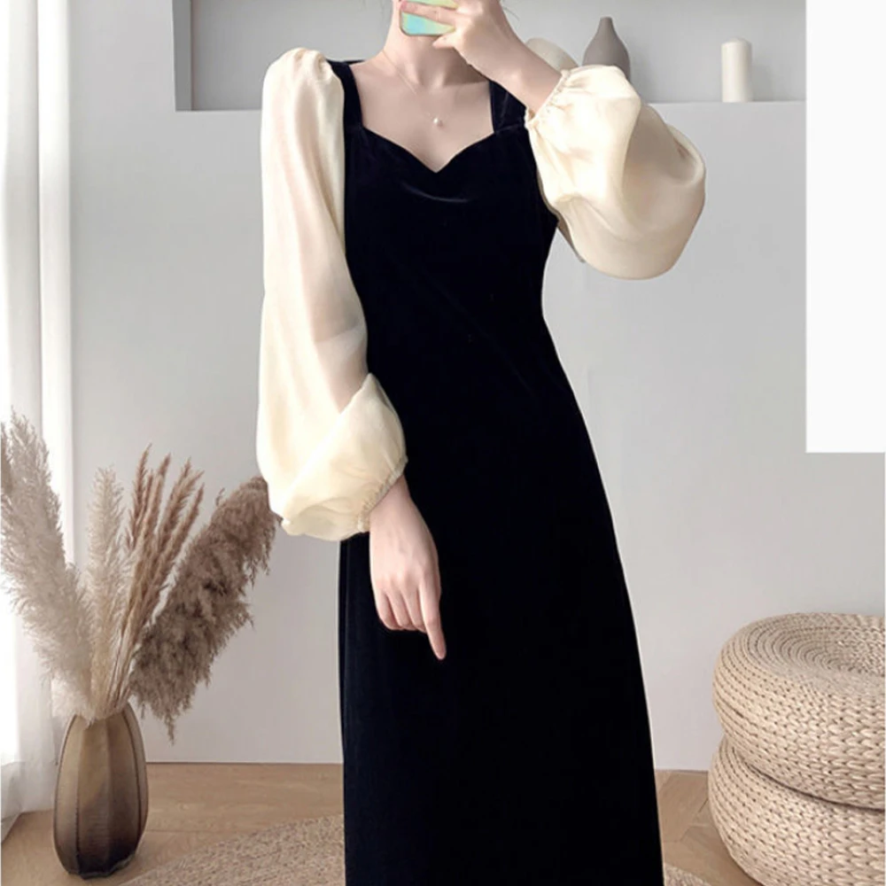 Retro Velvet Dress Autumn Women's Dress Elegant Slimming Black Velvet Long Skirt High Waist A-Line Skirt for Female