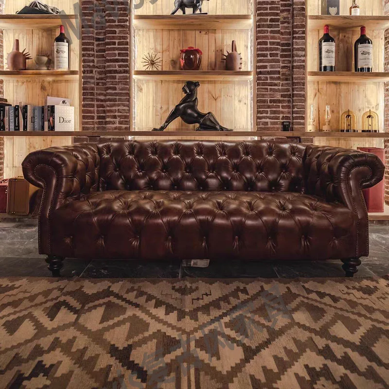 Sofá de cuero genuino de estilo Medieval, sofá individual retro de diseño de apartamento pequeño para sala de estar, sofá capitoné clásico americano