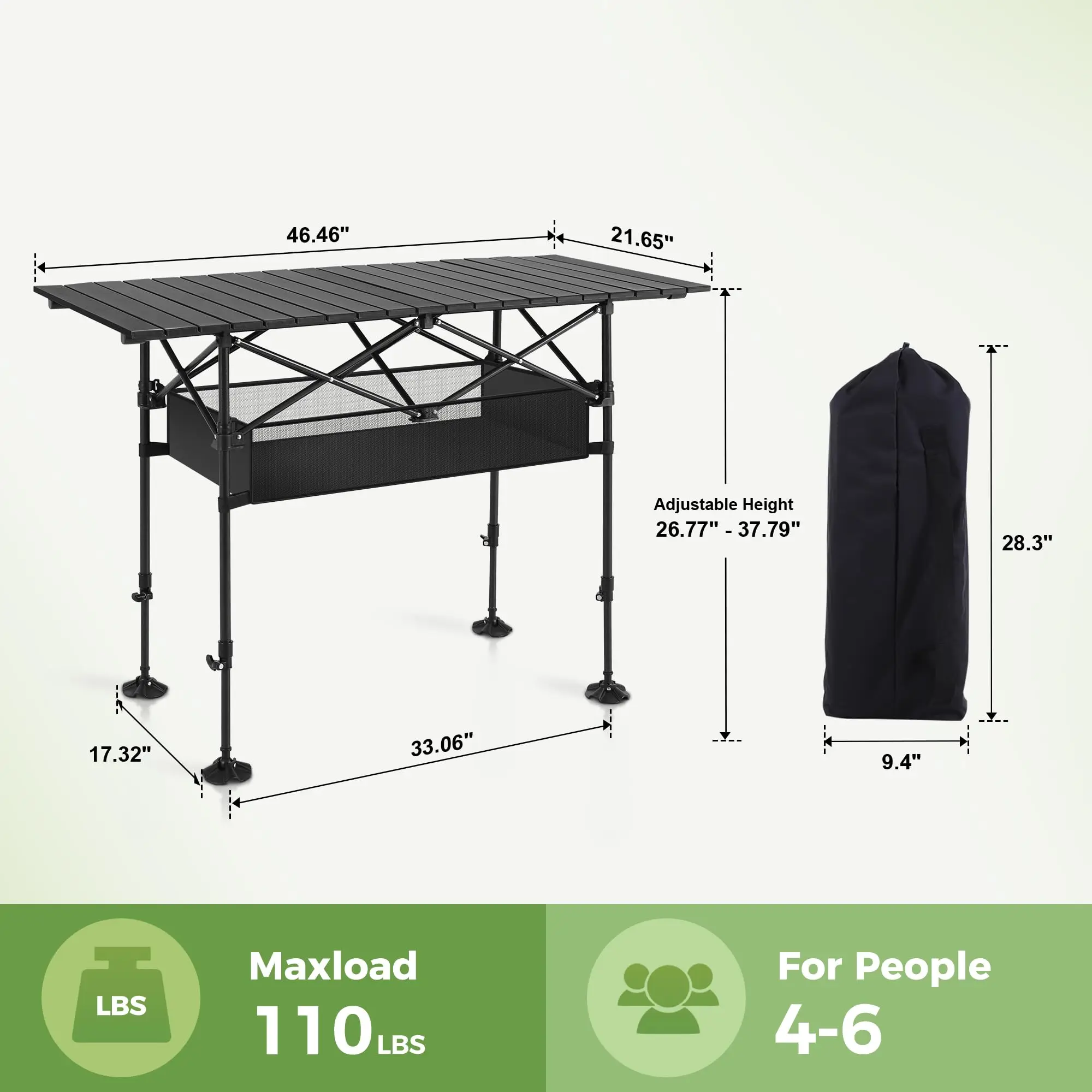 Folding Camping Table Portable Roll-up Table With Adjustable Height Large Storage Bag Carrying Bag For Outdoor&Indoor Picnic BBQ