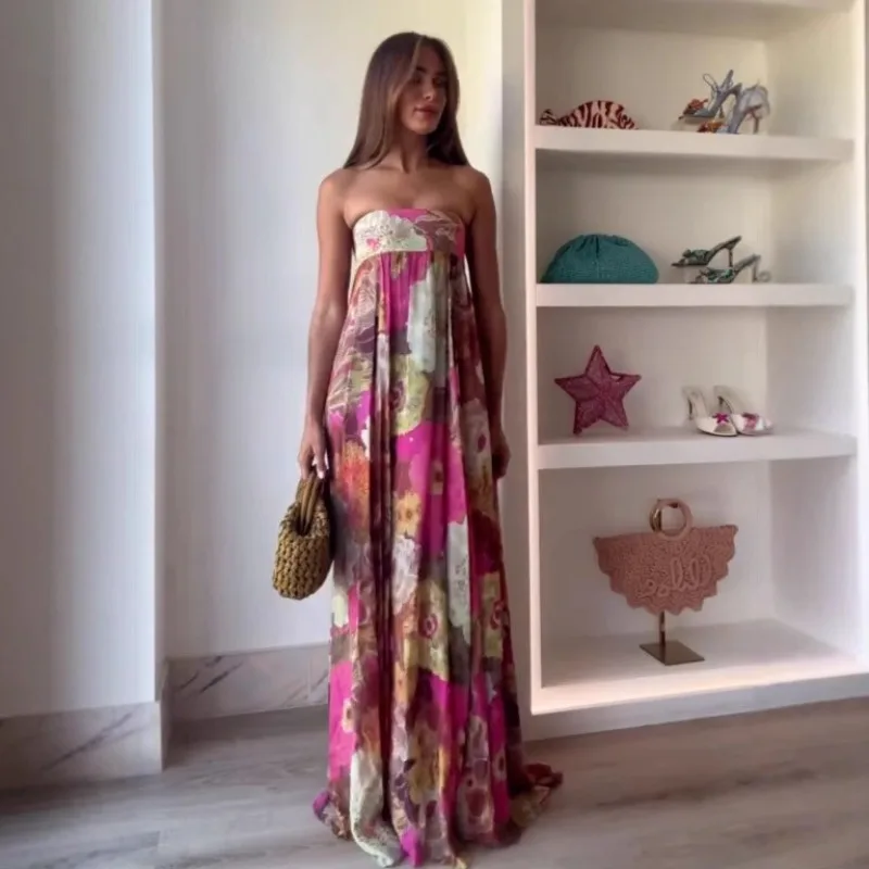 flowy maxi dress strapless Bohemian Floral Print Off Shoulder Sleeveless A Line Long Dresses Women Casual Beach Vacation Party Denim