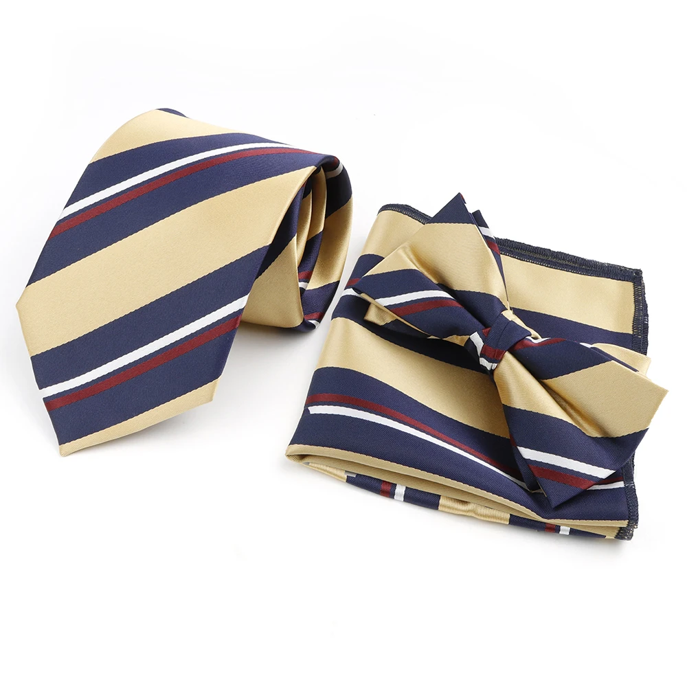 Hot Sale Striped Ties Set Gracefully Red Blue Pocket Square Butterfly Bowties Fit Business Daily Casual Wear Suit Dress Ornament