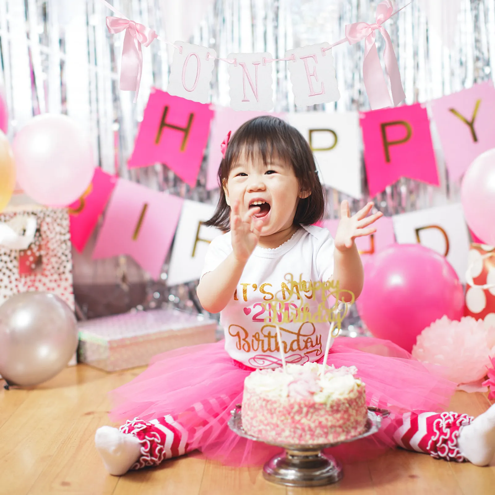 First Birthday Highchair Banner Pink Bow Embroidered Tassel Garland Decoration One Banner Birthday Decorations