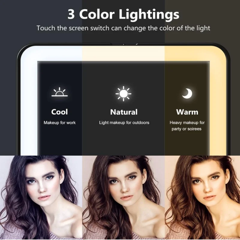 مرآة مكياج للسفر قابلة لإعادة الشحن، مرآة تجميل مضاءة محمولة، 3 ألوان إضاءة، شاشة لمس قابلة للتعتيم، مرآة زينة للمكياج #2