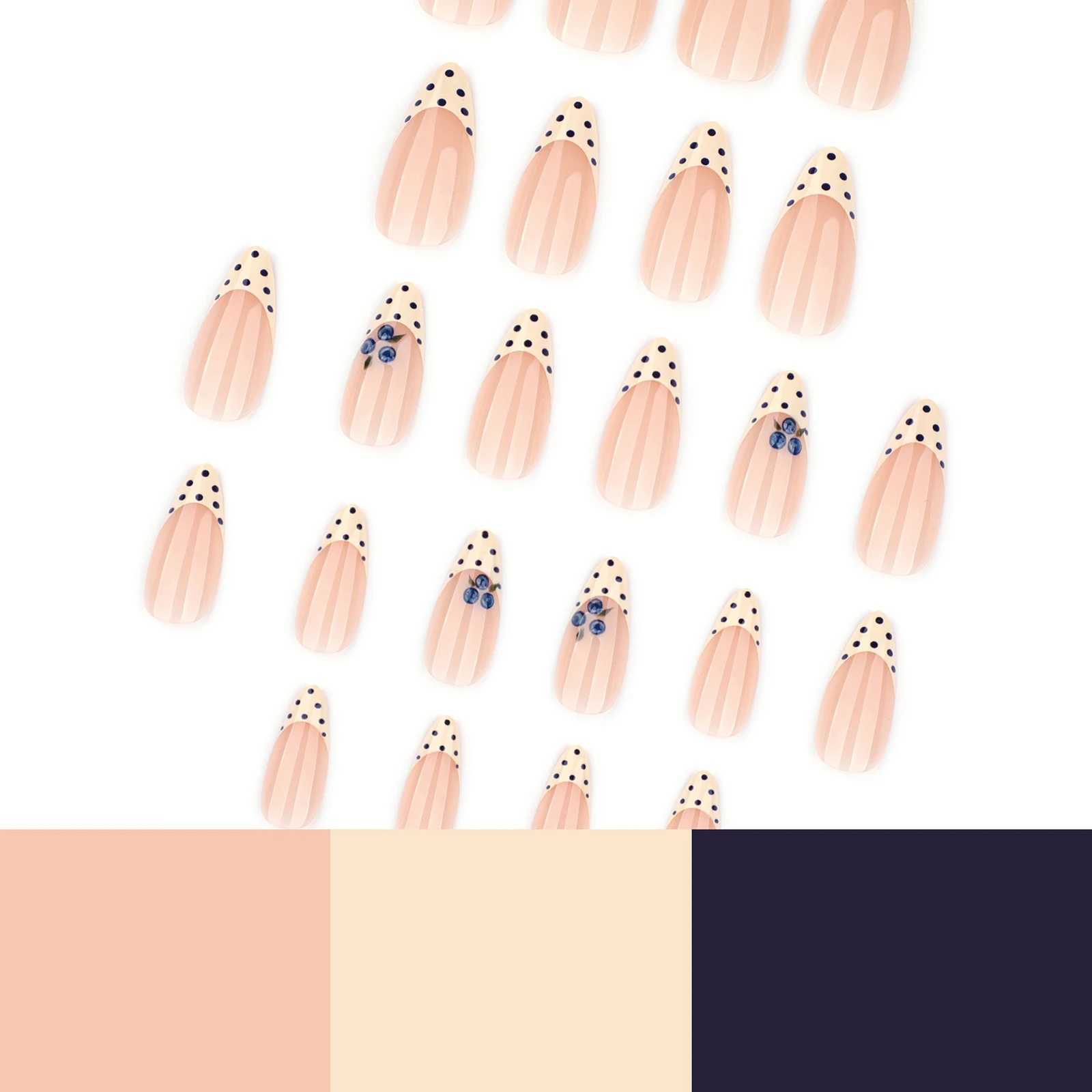 24pcs Yellow French Style False Nails Polka Dot Blueberry Pattern Press On Nails Sprng Summer Little Fresh Almond Fake Nail Tips