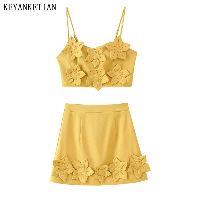 

KEYANKETIAN Summer New Women's Applique Decoration Halter Top Camisole Elastic Waist A Line Mini Skirt Holiday wind Two-Piece