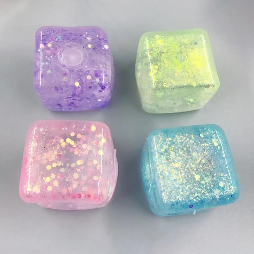 Polar Light Transparent Cube Fidget Toy Mochi Ice Block Glitter Colorful Simulated Tofu Fidget Toy TPR Block Colorful