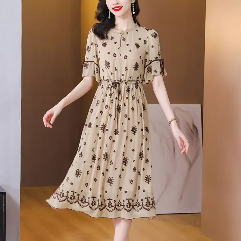 

New Summer Silk Women's Dress Fashion High End Women Printed Dress Short Sleeve Round Neck Sexy Dress Dresses Clothing