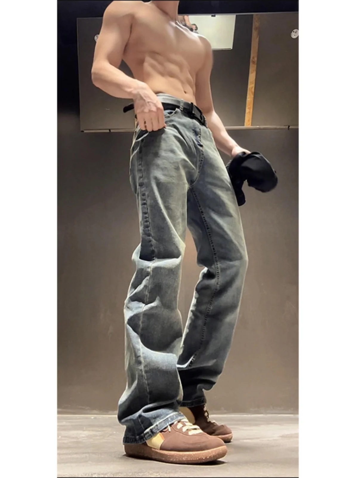 

Retro Blue Waed Knife Straight Leg Jeans High Waist Slimming Pants Men's Faion High Street American Sle