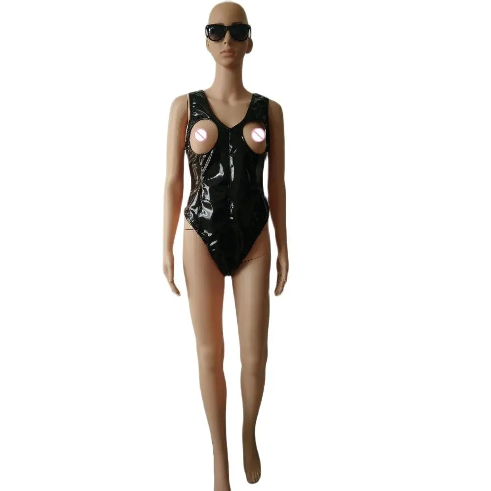 New Womens Lingerie Sexy Costumes Open Bust Sissy Catsuit Wetlook See-through PVC Faux Leather Zipper Crotch Teddy Bodysuit
