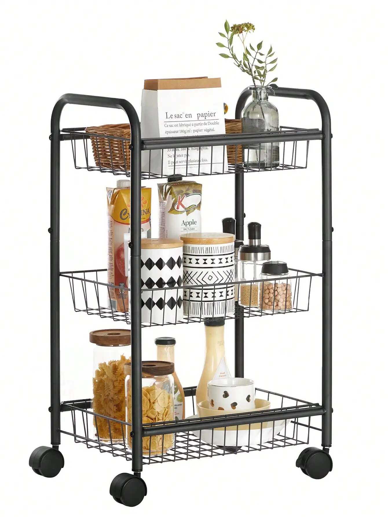 

SONGMICS 3-Tier Metal Rolling Cart on Wheels with Baskets, Lockable Utility Trolley with Handles for Kitchen Bathroom Closet