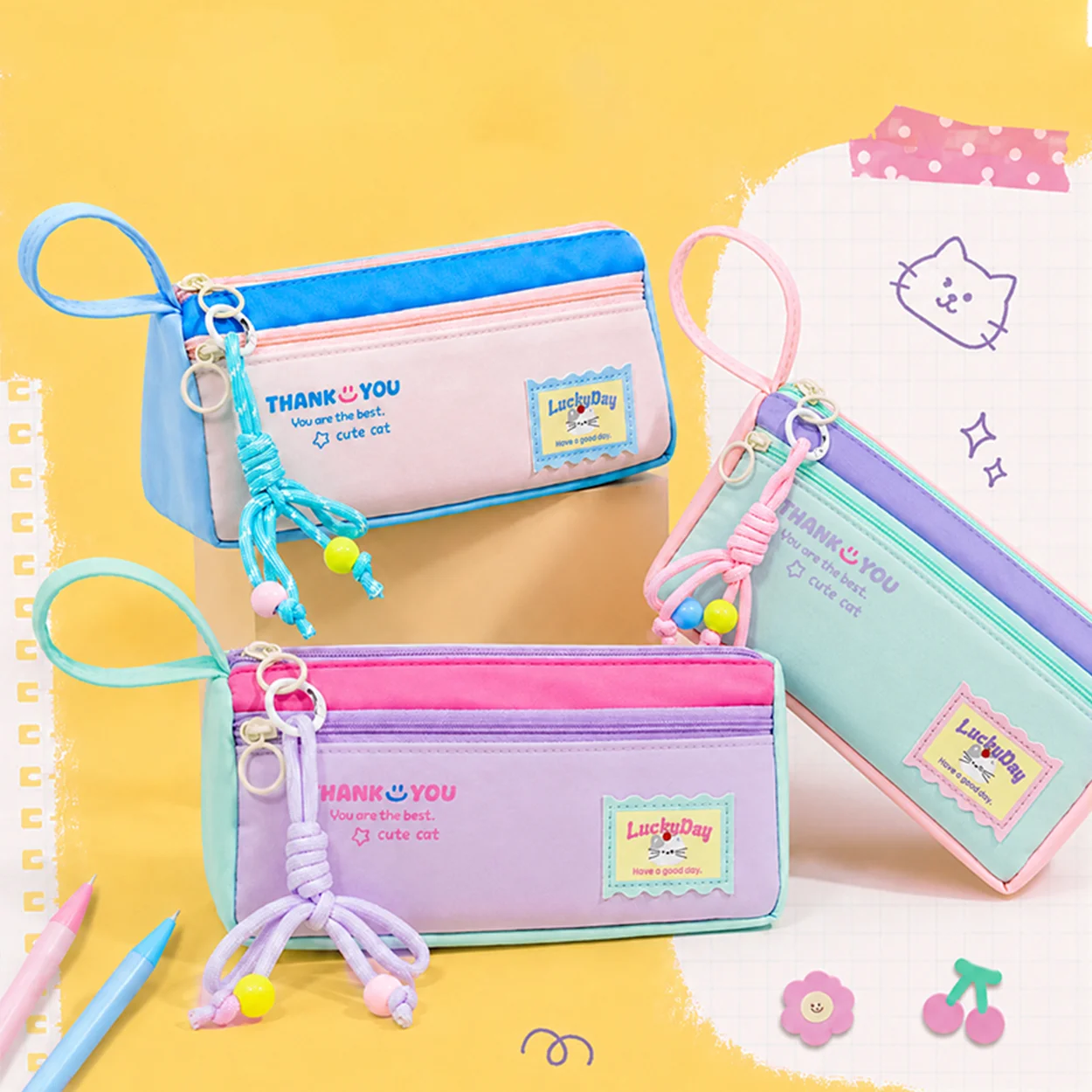 Cute Large Capacity Pencil Case for Girls Double Zipper Portable Pen Bag with Wrist Strap Beaded Charm School Stationery Organiz