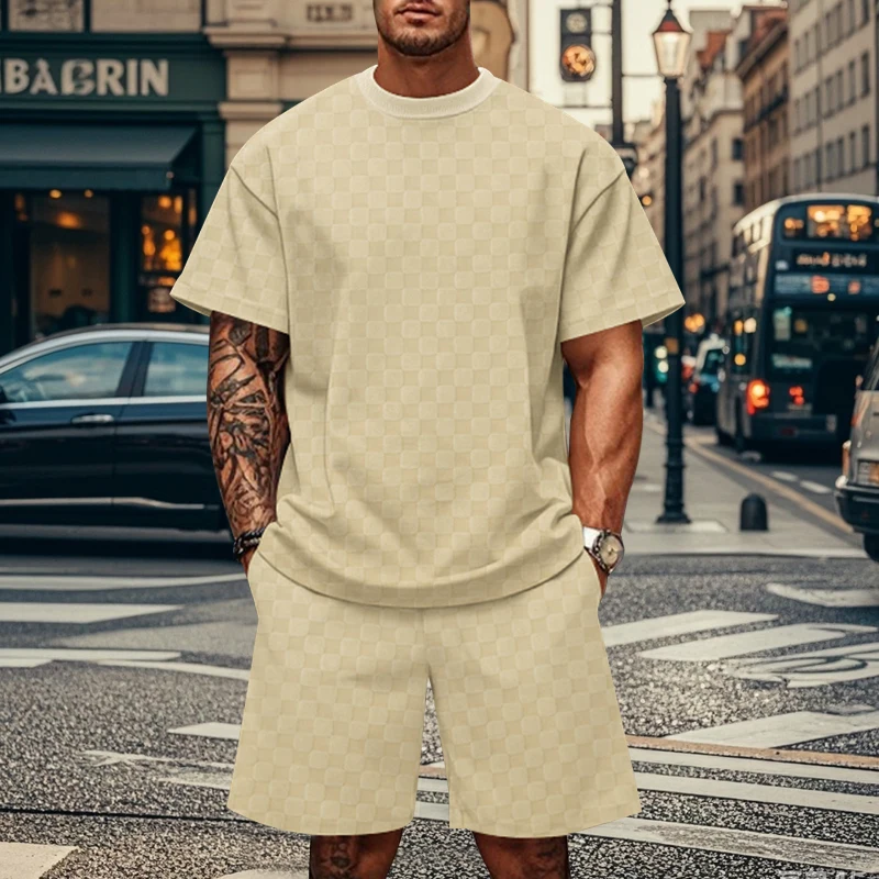 2024 New For Man Summer Jacquard PJlaid Short Sleeve T-shirt Fashion Sports Set Breathable T-shirt + Shorts Sports Two-piece Set