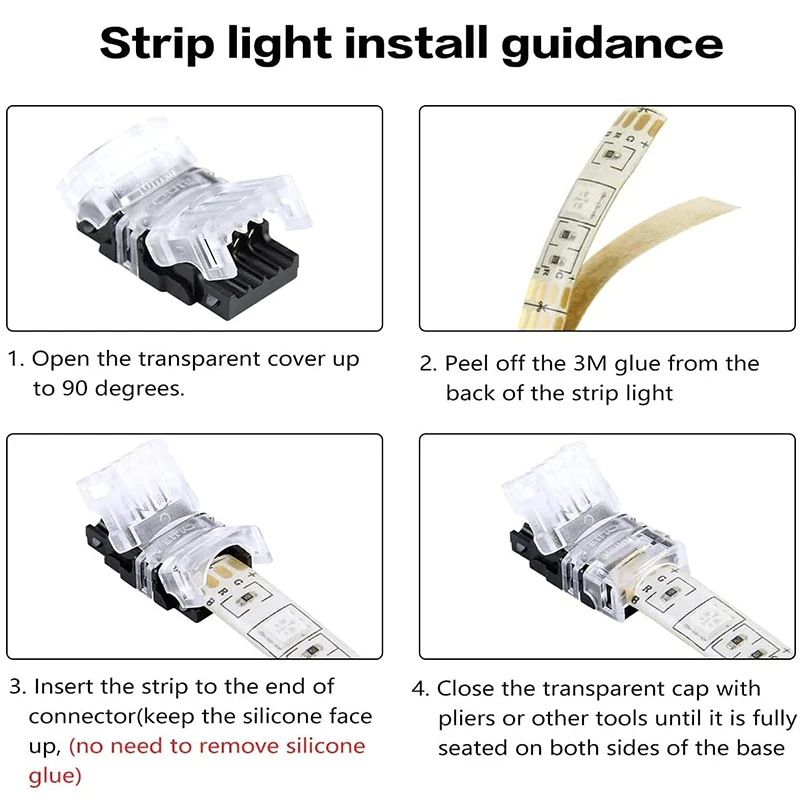 10pcs 4 Pin LED Connector for Waterproof 10mm RGB 5050 LED Strip to Wire Quick Connection Include 5M 22AWG 4pin Extension Cable