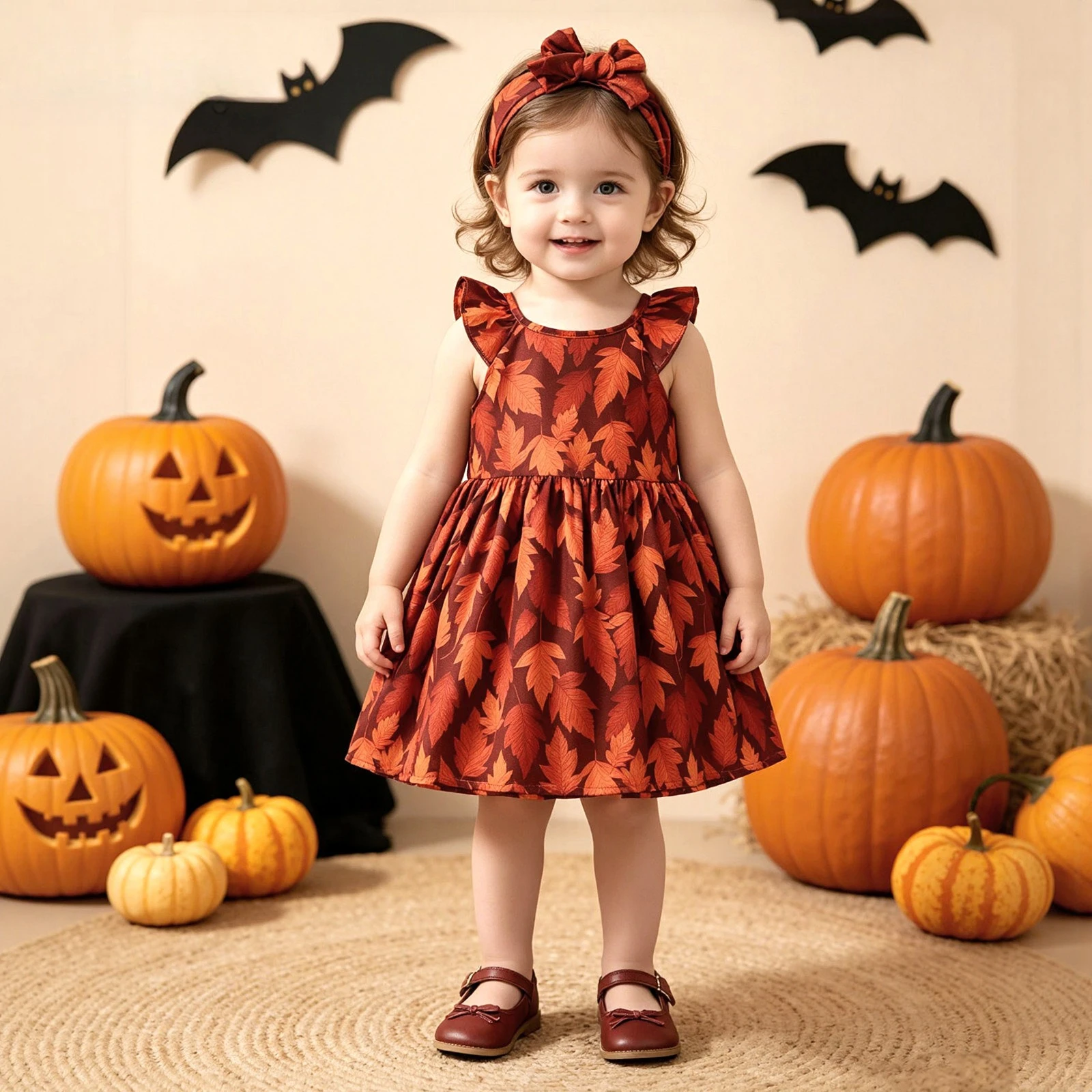 New Girls' Retro Maple Leaf Sleeveless Flying Sleeve Princess Dress Festival Theme Photo