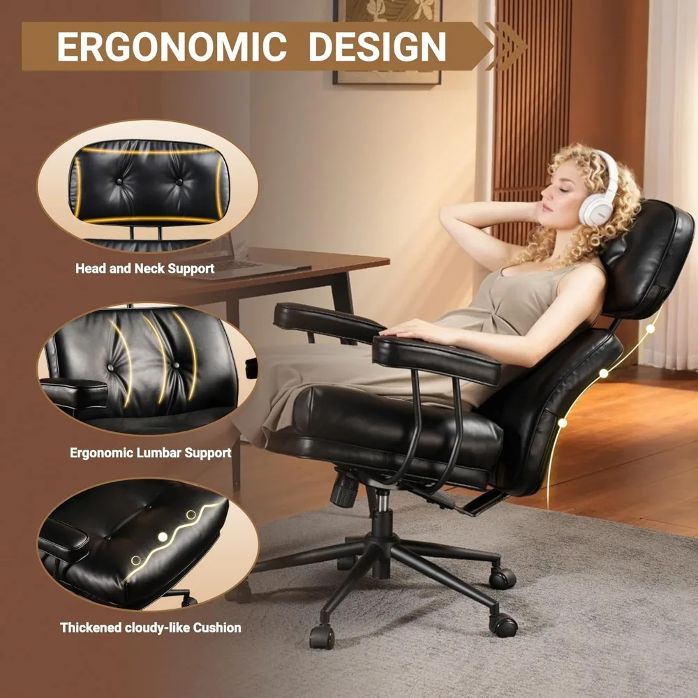 Cadeira de escritório ergonômica com encosto alto, cadeiras de mesa de escritório doméstico de couro PU com rodas, cadeira giratória de computador com suporte lombar