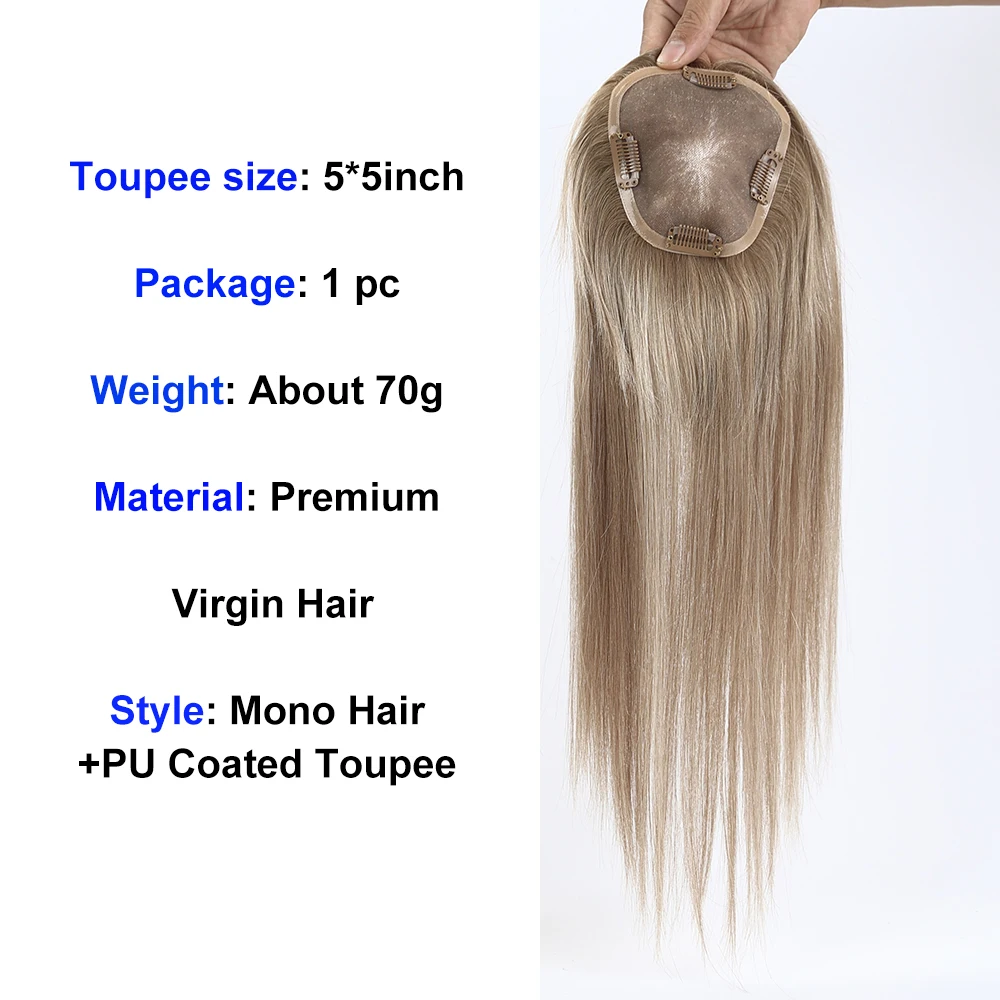 Toppers de cheveux humains européens à reflets blonds pour femmes, extensions de cheveux raides avec clips, 5x5 po, 14 po, 16 po