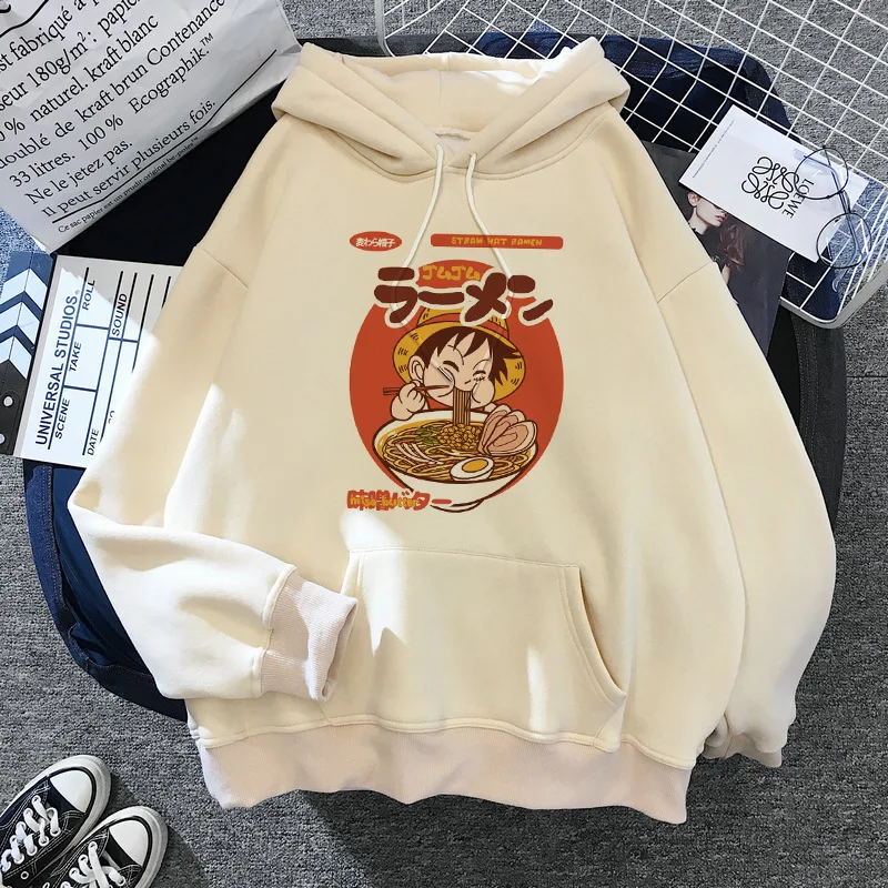 Kawaii Luffy Graphic Hoodies Anime One Piece Pullover Autumn & Winter Casual Streetwear Delicious Miso Soup Daily Clothing