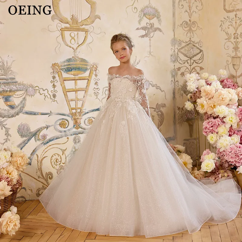 

BOEING блестящие платья трапециевидной формы для девочек-цветочниц цвета слоновой кости с открытыми плечами и аппликациями свадебное платье платье принцессы на день рождения по индивидуальному заказу