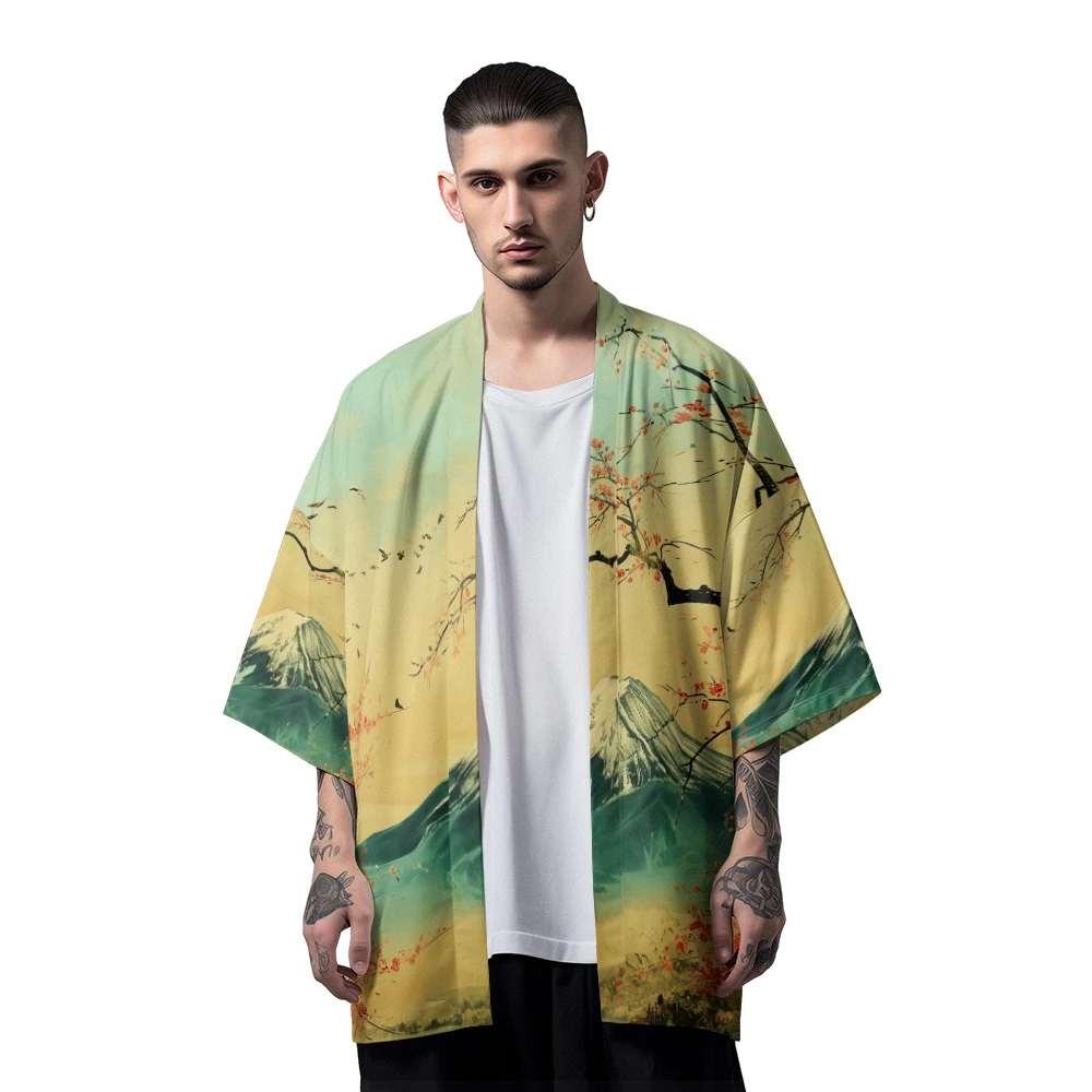 

Classic Versatile Models of Fashion Mt. Fuji Cherry Blossom Feather Weave Robe Men's Fashion Design Casual Kimono Men's Tops