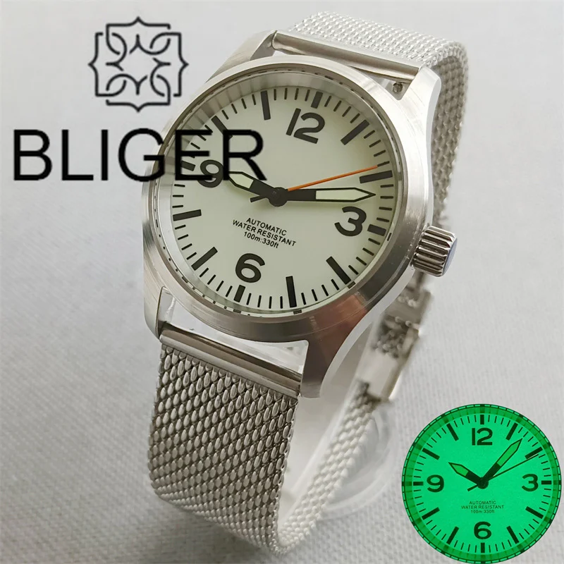 BLIGER 36mm39mm Pilot Watch For Men Brushed Bezel Black Dial With Green Luminous Mesh Strap Jubilee Bracelet Sapphire Glass NH35