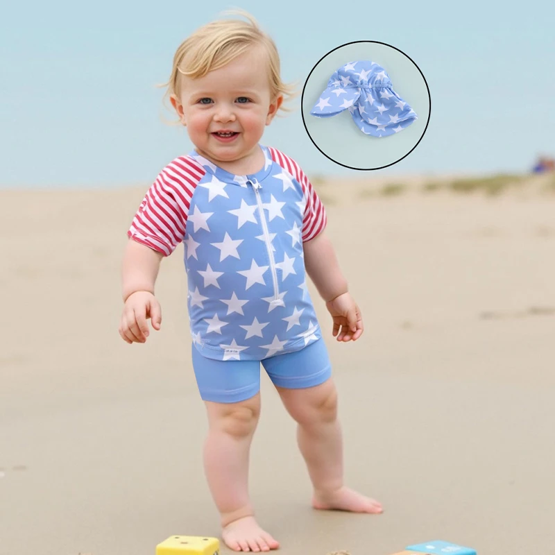 

Kids Baby Boy Swimsuits Star Short Sleeve Half Zipper Tops Elastic Waist Shorts Sun Hat Neck Flap Beachwear 1-5Years