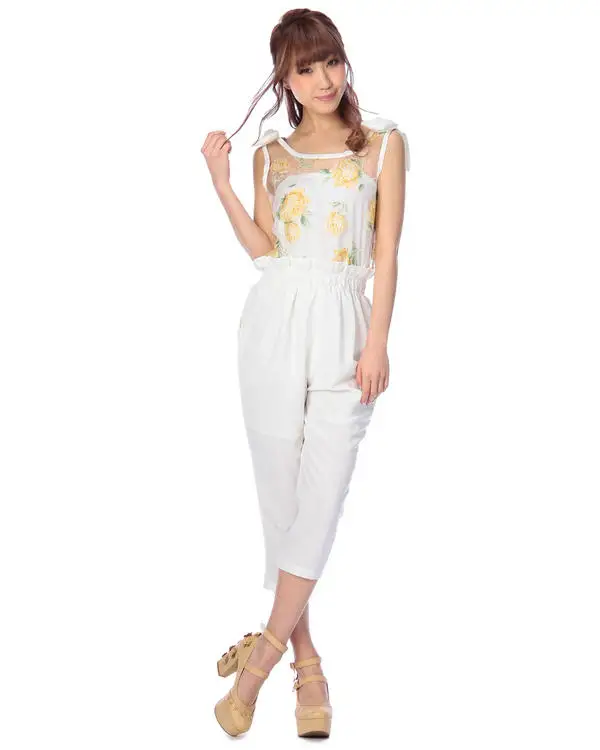 Japan Liz Lisa Organza Printing Bow Shoulder Tank Top Jumpsuit Cropped Trousers Chiffon Pants