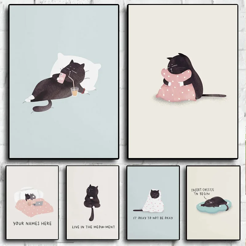 

Nordic Kawaii Funny Meditation Black Cat Lazy Cat Wall Art Canvas Painting Posters And Prints Wall Pictures Baby Kids Room Decor