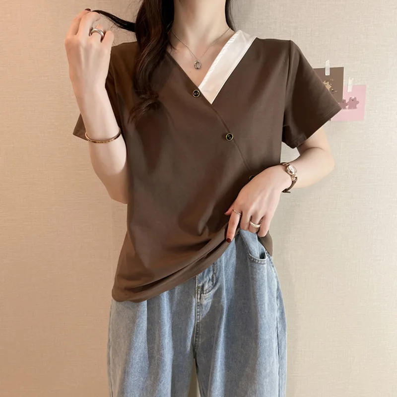 L-4XL Large Size Cotton Basic T-shirt Women Summer Casual Loose Short-sleeve Tops Button V-neck Tshirt Female Clothing Oversize