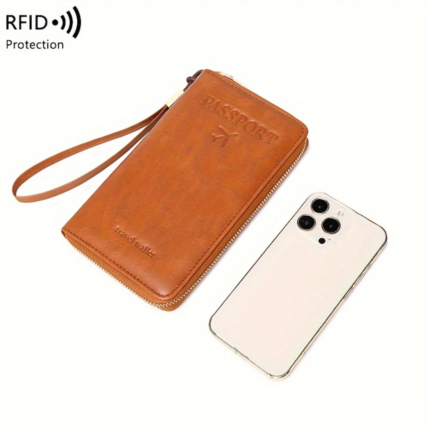 Porta-passaporte RFID com bolso com zíper e alça de pulso - carteira de viagem multifuncional de cor sólida
