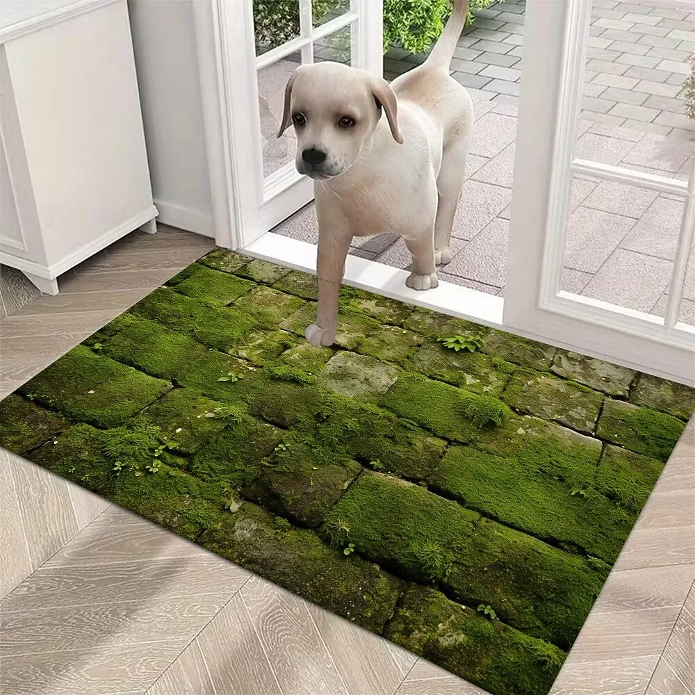 Doormat Green Moss on Stone Pavement Design Durable Slip-Resistant Mat for a Refreshing Outdoor Indoor Entryway Rug Door Mat