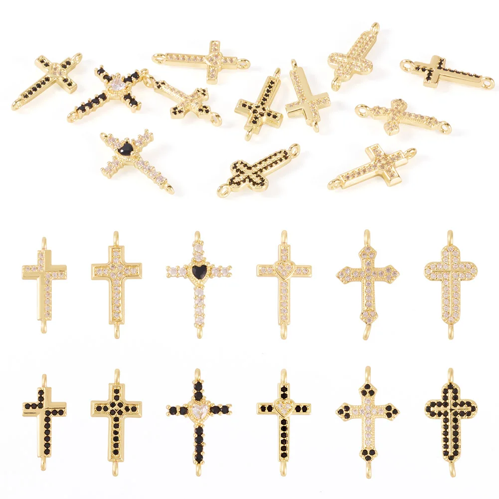 12Pcs Cross Connector Cubic Zirconia Religion Crucifix Links Charms for Easter Eid Bracelet Necklace Jewelry Craft Accessories