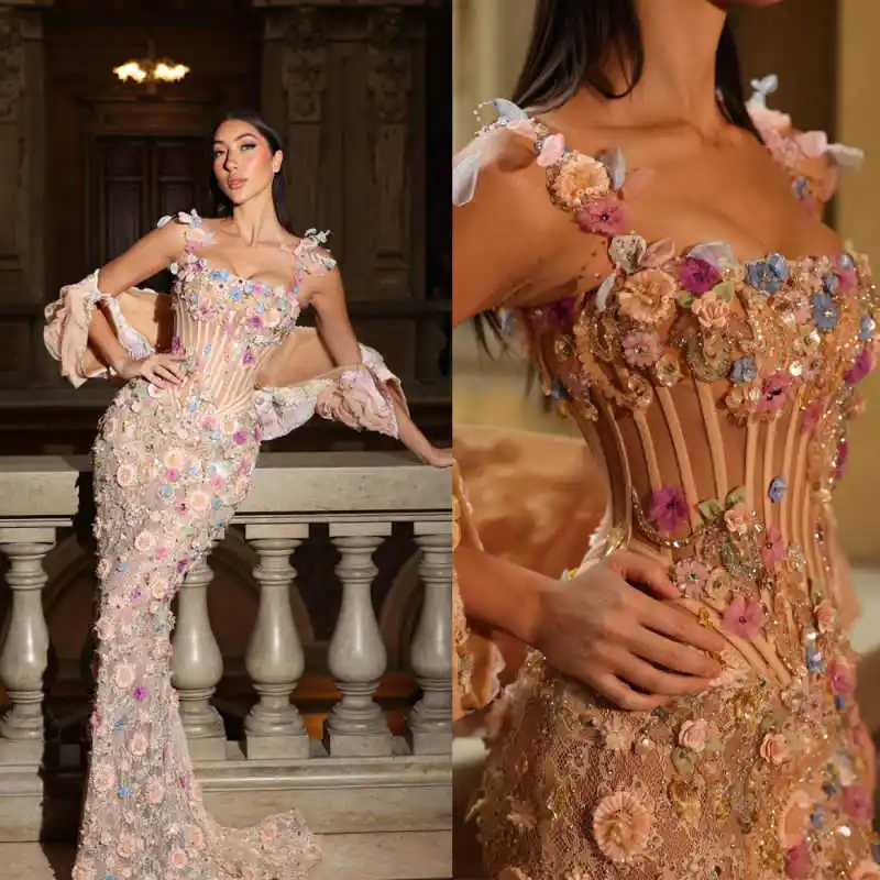Elegante Abendkleider im Meerjungfrau-Stil, ärmellos, mit 3D-Blumenapplikationen, Spitze, besonderes Design, Abendkleid, Vestido De Noite, individuell gestaltet