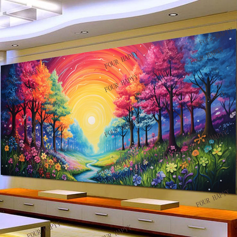 5D DIY Large Diamond Painting Cross Beautiful Colorful Forest Landscape Wall Art, Full Round Drill, Embroidery Home Decor