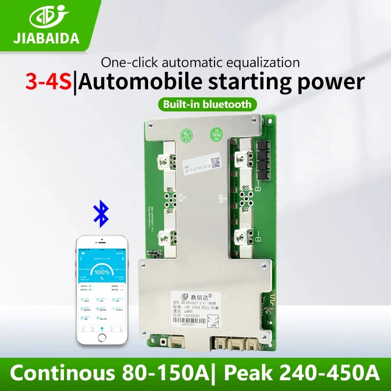 Jiabaida Smart Bms Lifepo4 4S 12V Lithiumbatterij 80a 100a 150a 200a Laadbescherming Met Uart Verwarming Serie Aansluiten 3S Jbd Bms