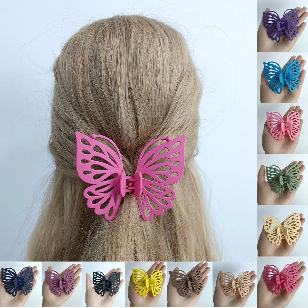 Sweet Women Girl Young Fashion Gift Back Head Clip Hairpin Candy Color 9cm Single Layer Hollow Wing Antennae Butterfly Hair Claw