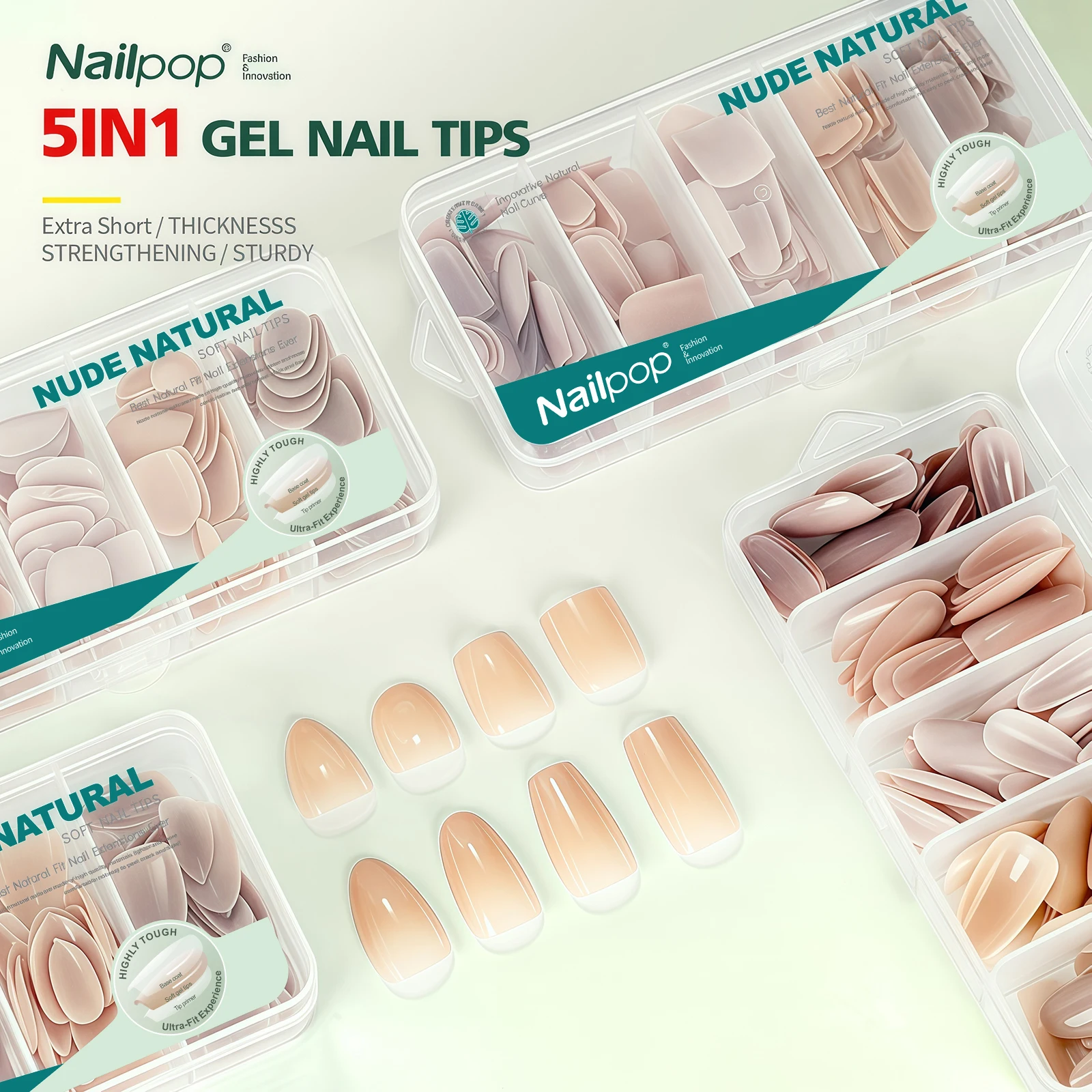 Nailpop Ultra Fit Press On Nails Extra Corto/Medio Natural con Color Base Adhesión Más Fuerte Punta de Uñas de Gel Suave Preforma Desnuda