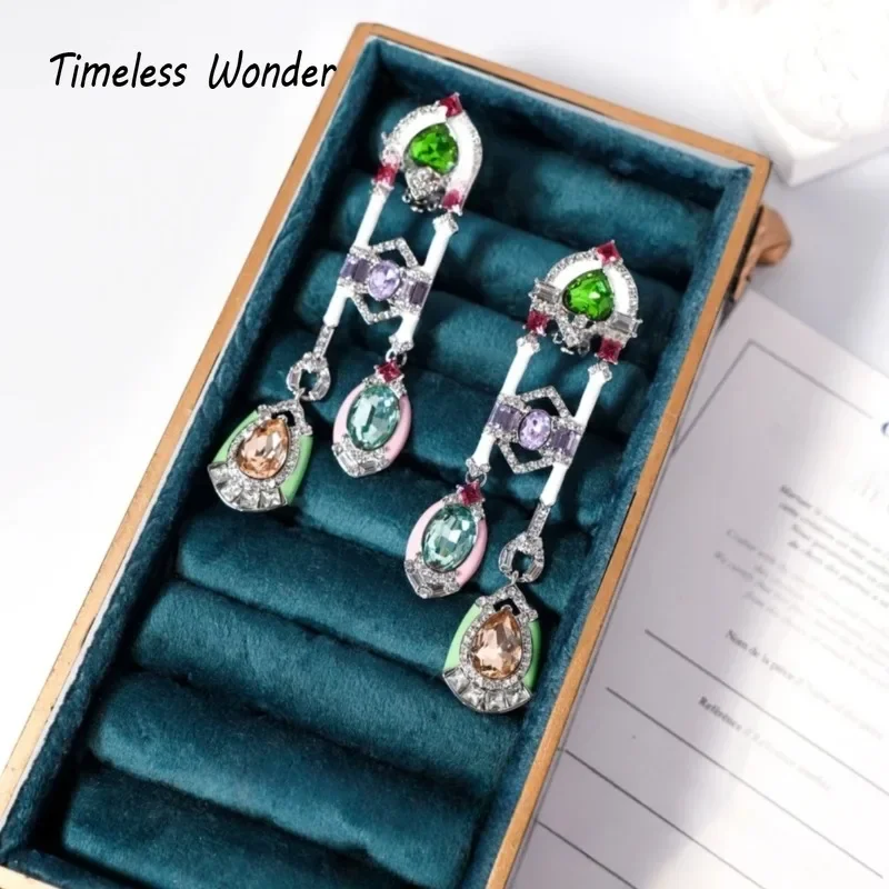 Timeless Wonder Fancy Enamel Zircon Heart Tassel Clip on Earrings for Women Designer Jewelry Runway Brincos Trendy Rare Top 4269