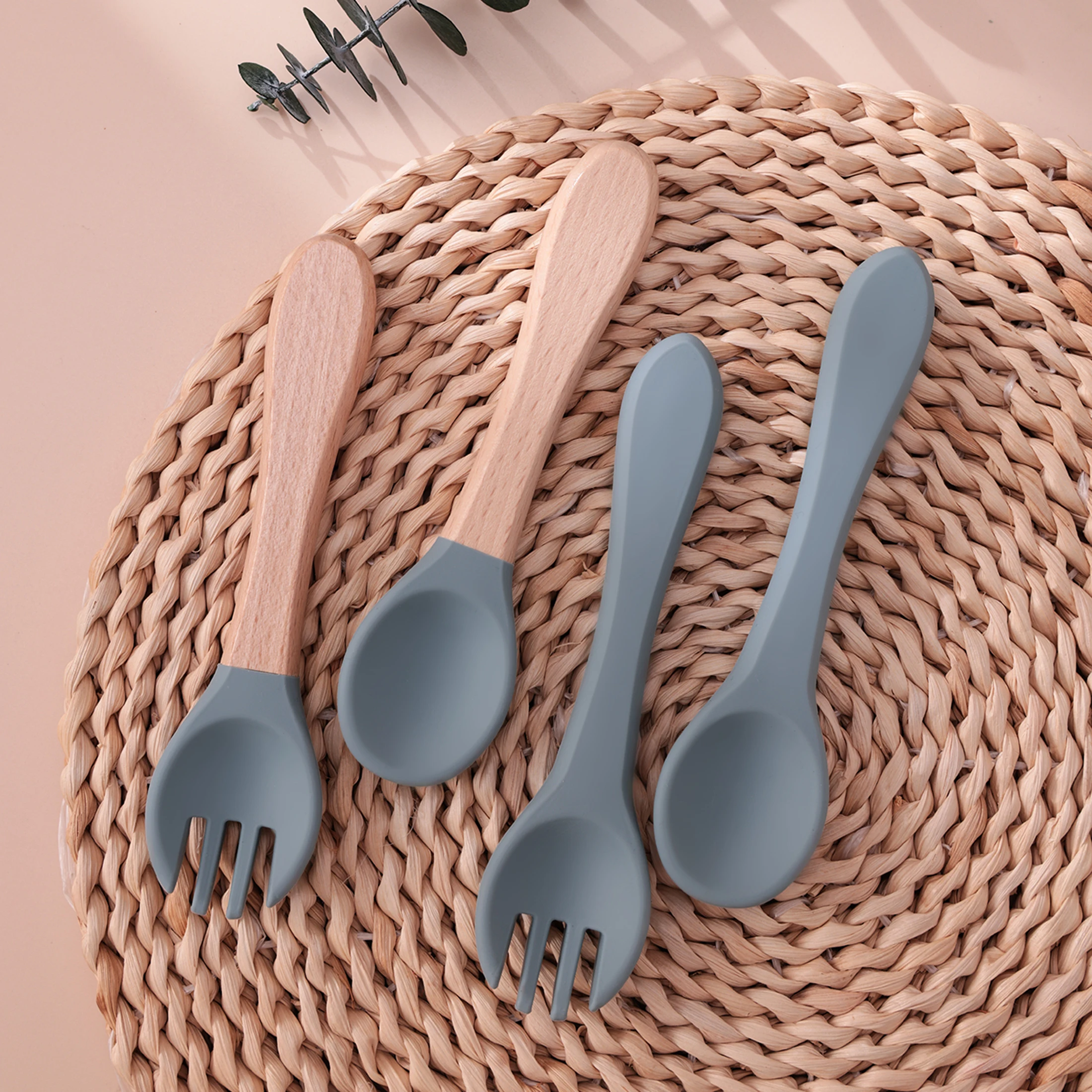 Color Kids 4PCS Silicone Baby Feeding Spoon Fork Set BPA Free Wood Handle Training Utensils For Infants Newborn Accessories