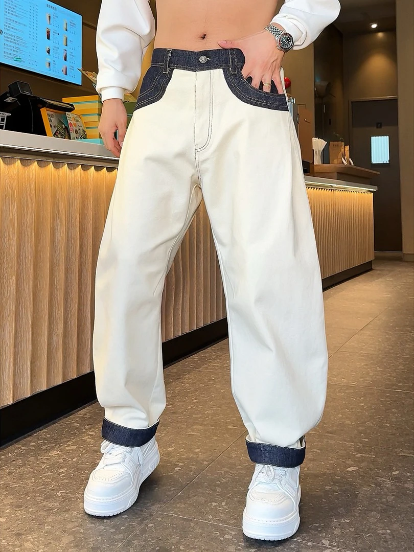 

Trendy Patchwork Color Blo Casual Pants Men's Versatile Denim Cotton Wide Leg Pants Cuffed Straight Leg Long Pants Autumn W...