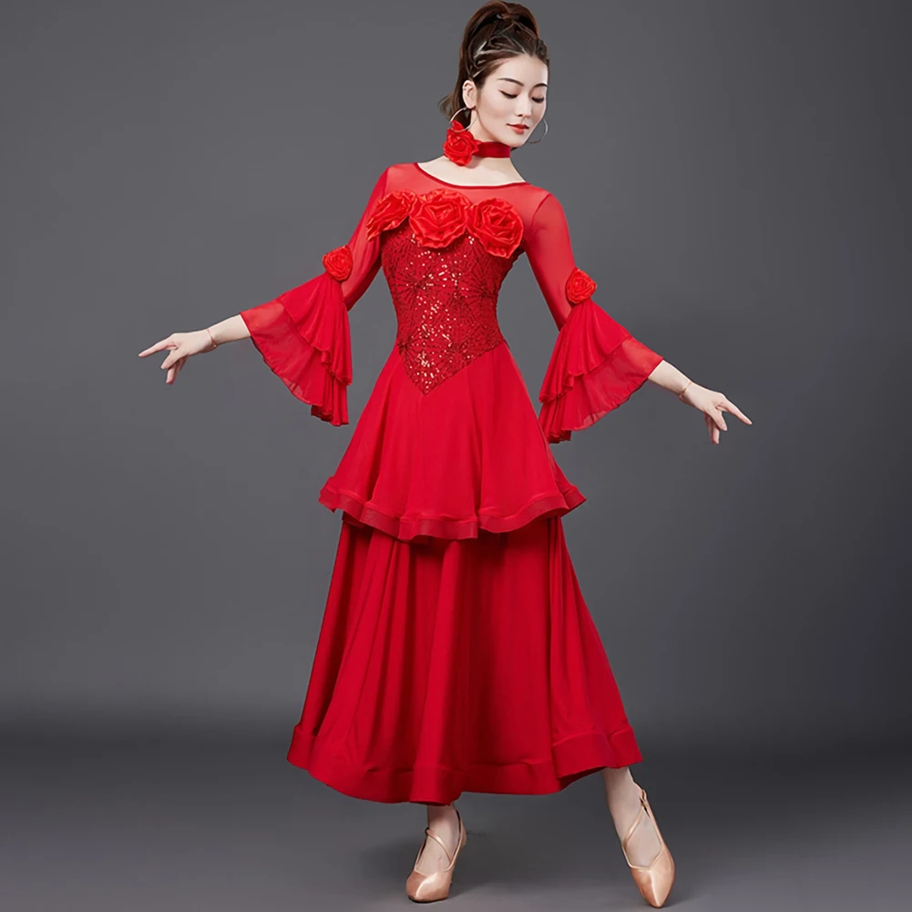 Traje de baile estándar fucsia, manga de cuerno de competición, disfraz de escenario de campeonato de salón de alta calidad, vals rojo
