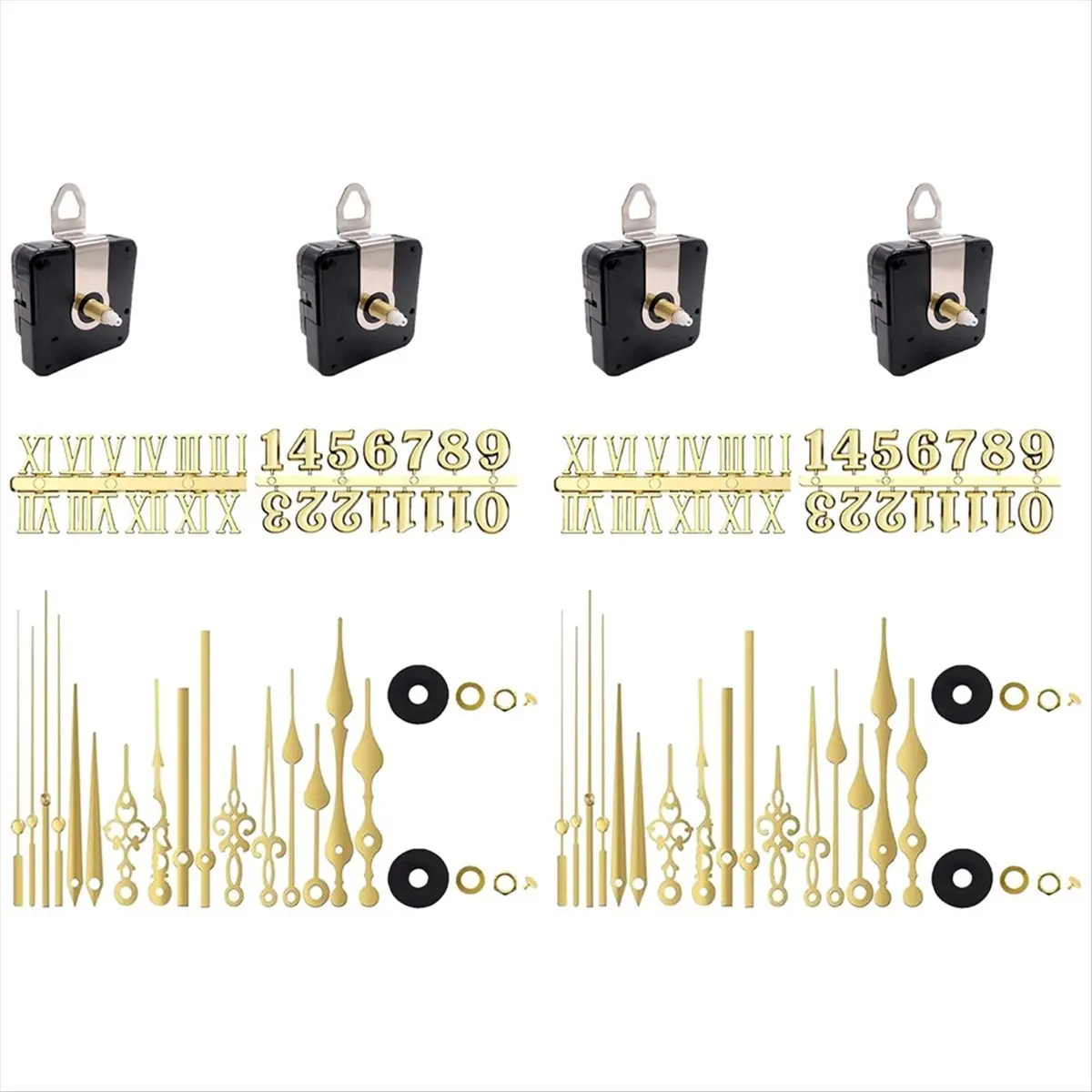 Welcome Deal~4 Pcs Quartz Clock Movement Parts 12 Set Gold Hands Contains Numerals Kit for Clock Repair Parts Replacement Parts